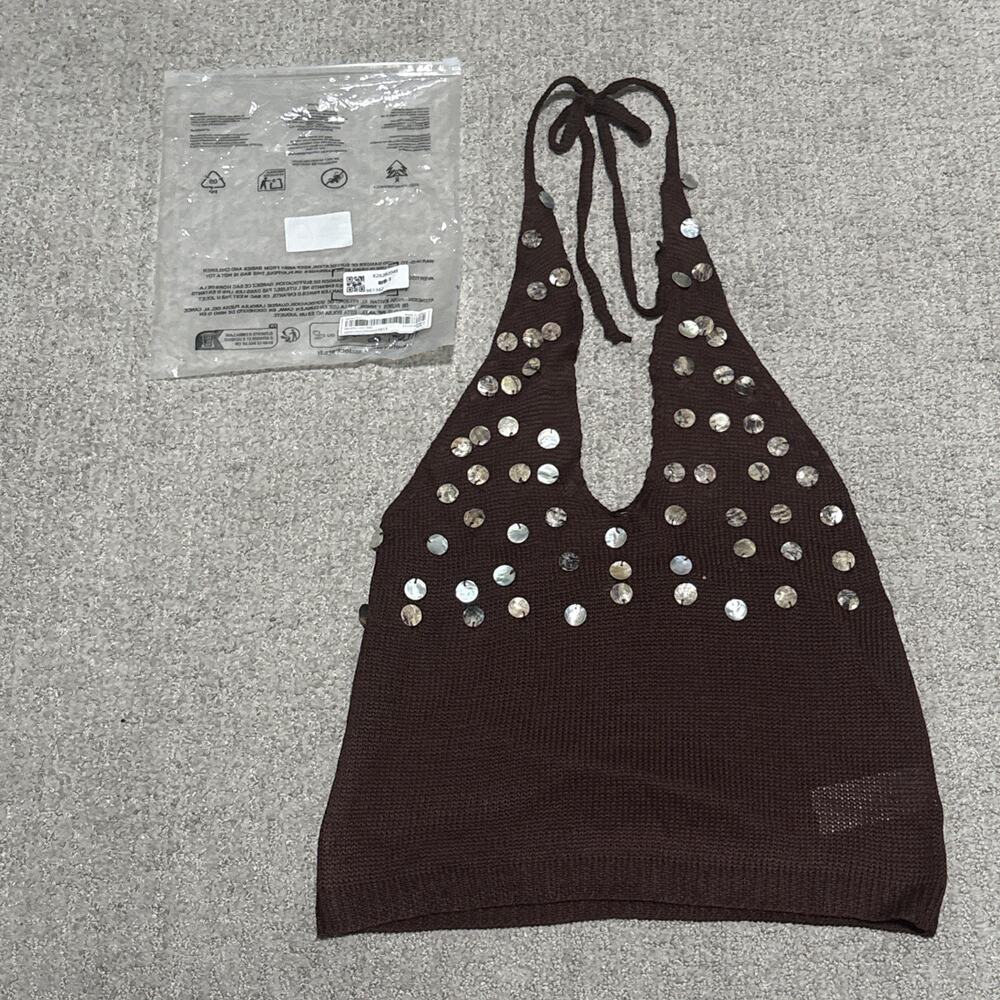 SHEIN brown knit halter top Shell Buttons Size Small NWOT